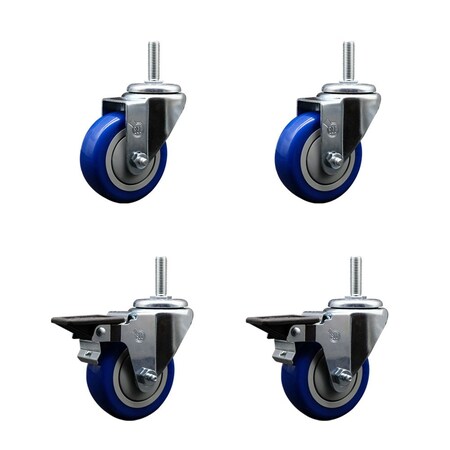 Service Caster 35 Inch Blue Polyurethane Wheel Swivel 34 Inch Threaded Stem Caster Set 2 Brakes SCC SCC-TS20S3514-PPUB-BLUE-34212-2-PLB2